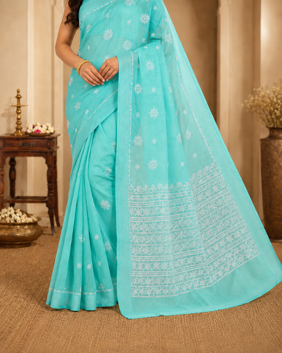 Aqua Green Chanderi Chikankari Saree – Hand Embroidered