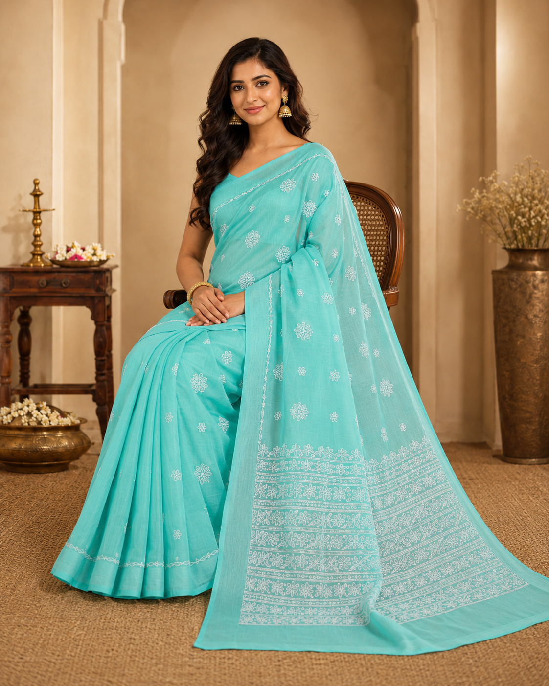 Aqua Green Chanderi Chikankari Saree – Hand Embroidered