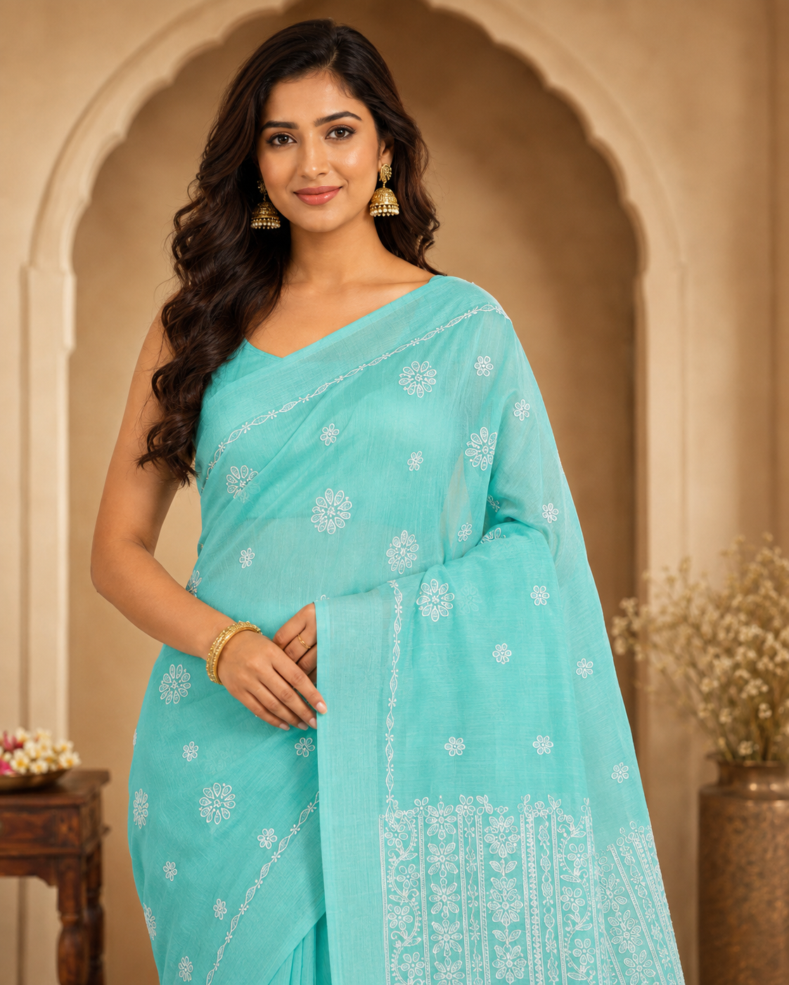 Aqua Green Chanderi Chikankari Saree – Hand Embroidered