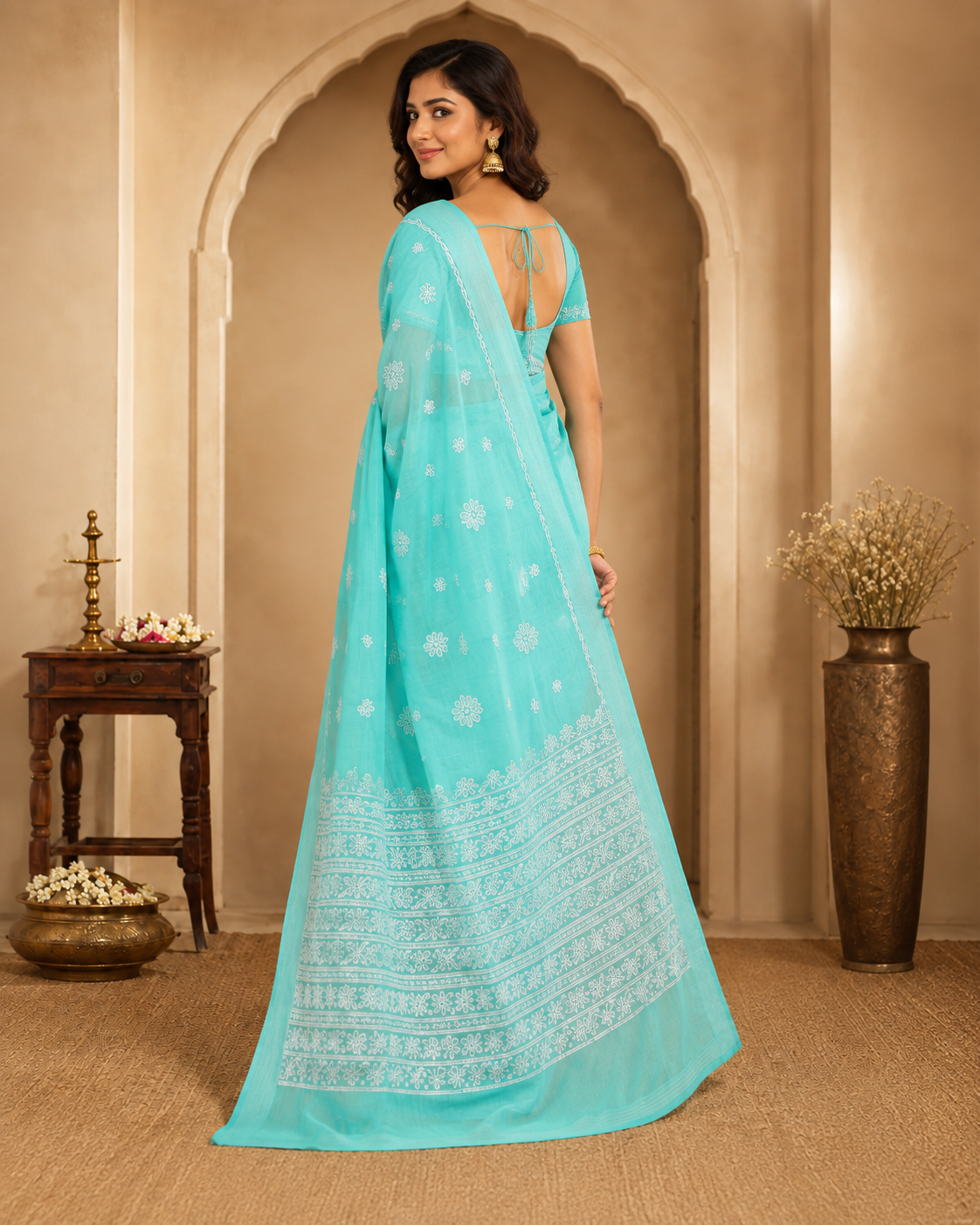 Aqua Green Chanderi Chikankari Saree – Hand Embroidered