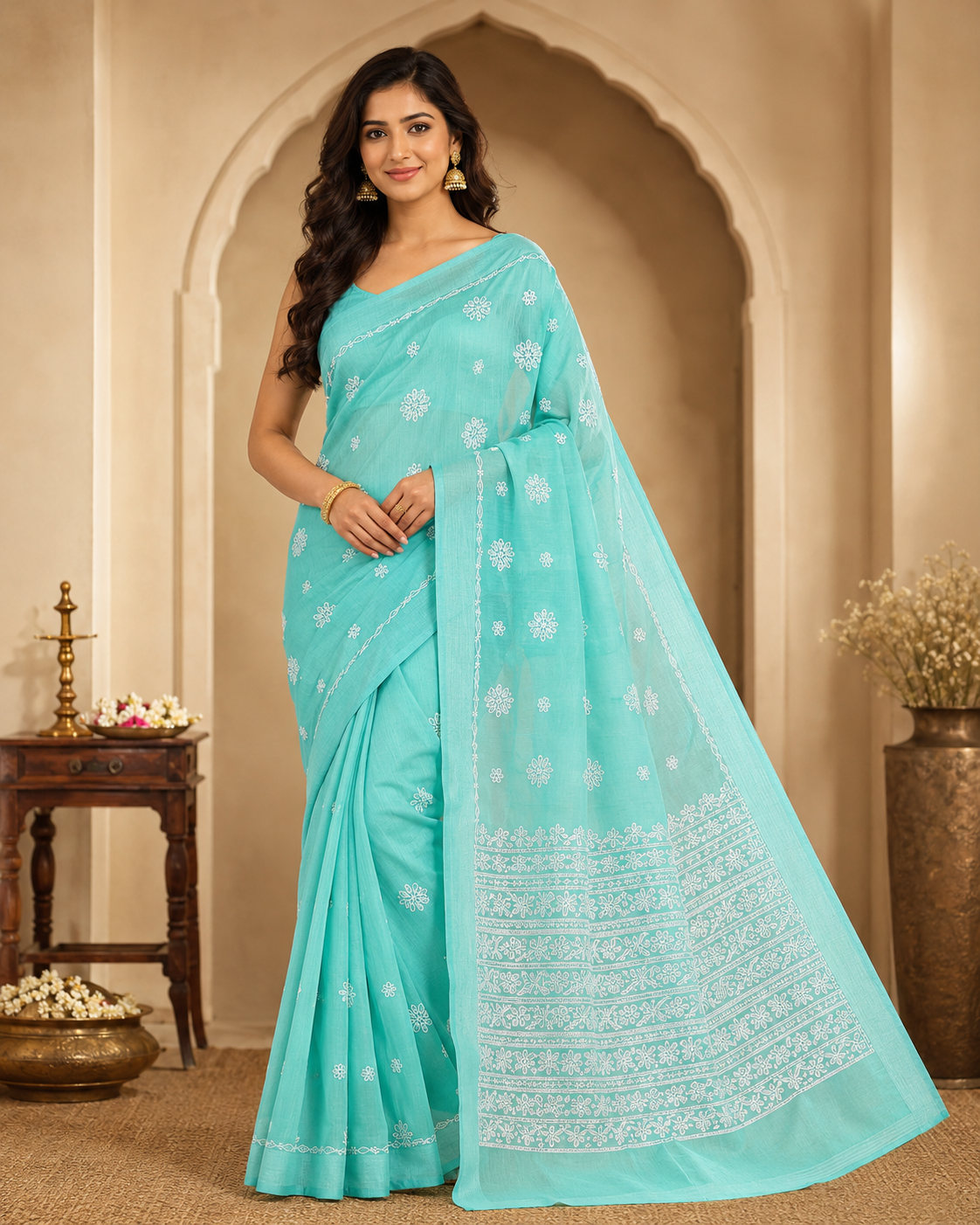 Aqua Green Chanderi Chikankari Saree – Hand Embroidered