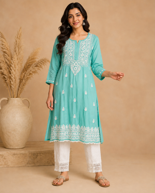 Aqua Green Rayon Lucknowi Chikankari Kurti for Women – Handmade White Embroidery