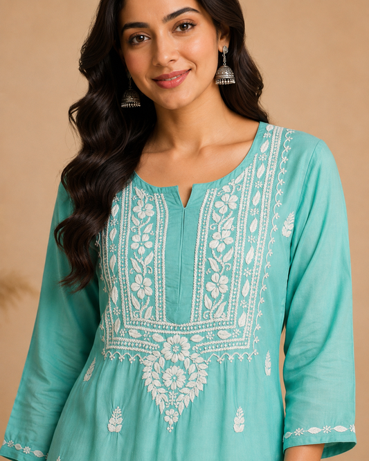 A woman wearing a mint green kurta with white floral embroidery on the neckline and sleeves, set against a solid beige background.