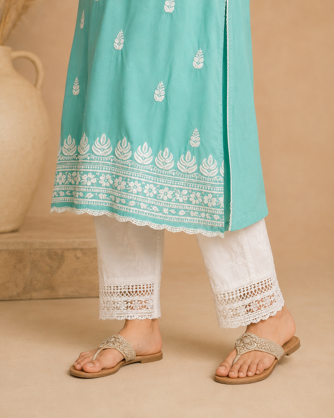 Aqua Green Rayon Lucknowi Chikankari Kurti for Women – Handmade White Embroidery
