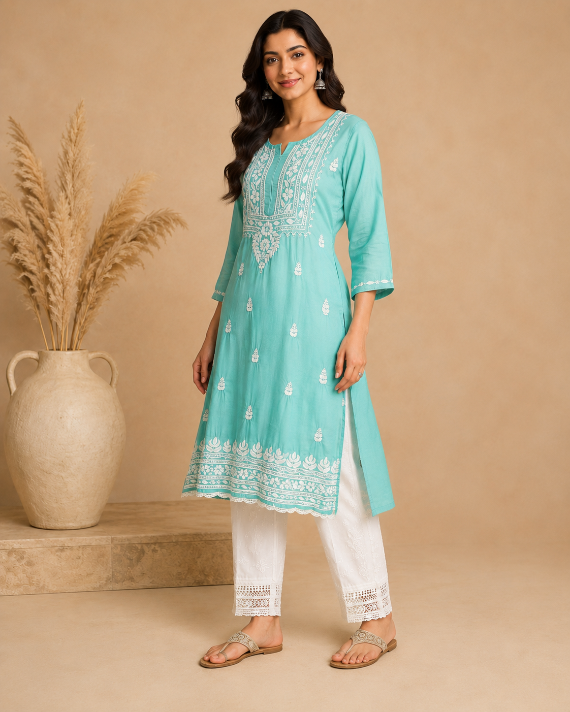Aqua Green Rayon Lucknowi Chikankari Kurti for Women – Handmade White Embroidery