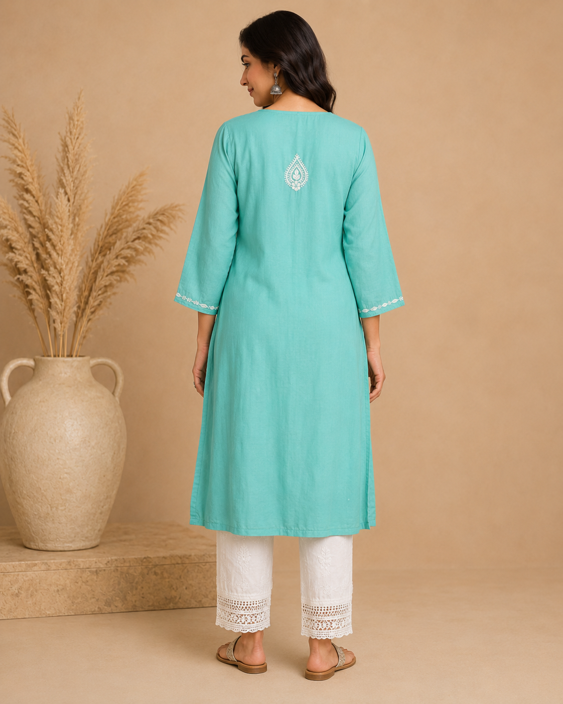 Aqua Green Rayon Lucknowi Chikankari Kurti for Women – Handmade White Embroidery