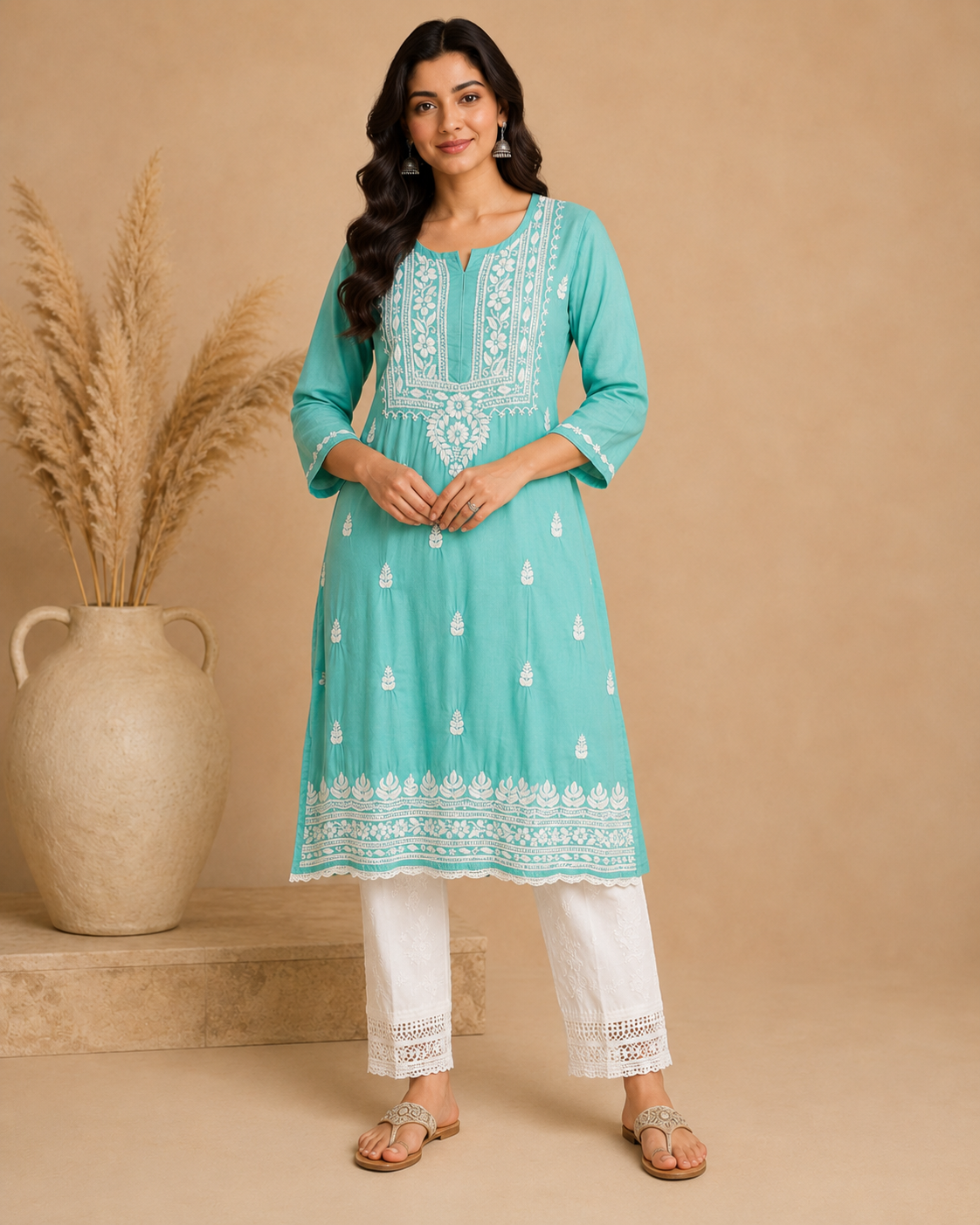 Aqua Green Rayon Lucknowi Chikankari Kurti for Women – Handmade White Embroidery