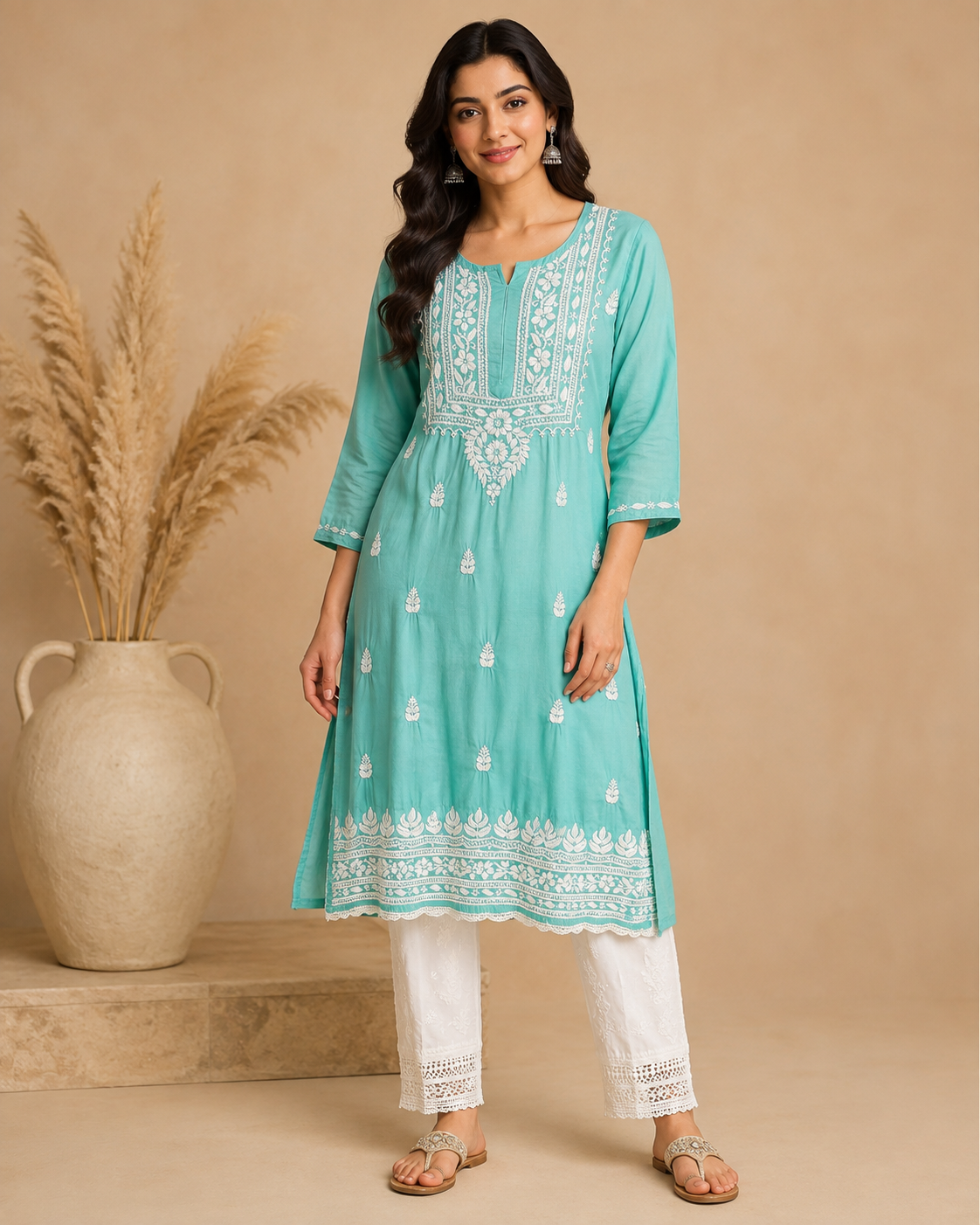 Aqua Green Rayon Lucknowi Chikankari Kurti for Women – Handmade White Embroidery