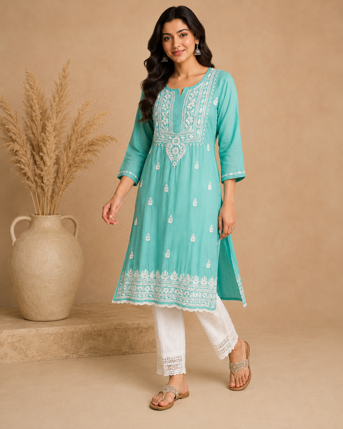 Aqua Green Rayon Lucknowi Chikankari Kurti for Women – Handmade White Embroidery