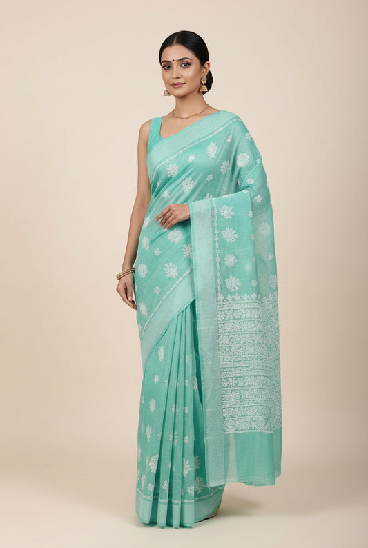 Aqua Green Chanderi Chikankari Saree – Hand Embroidered