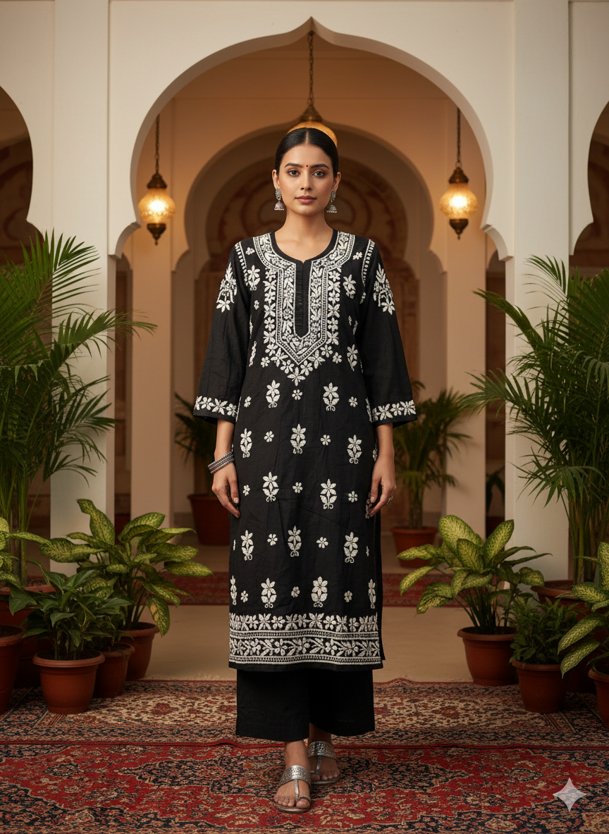 "Black Silk Cotton Chikankari Kurti with White Hand Embroidery | Premium Lucknowi Ethnic Wear for Women"