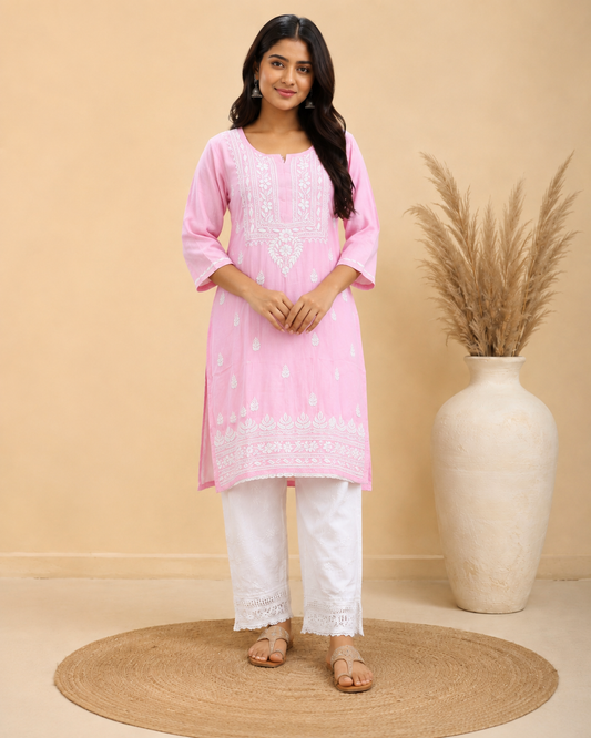 Baby Pink Rayon Lucknowi Chikankari Kurti for Women – Handmade White Embroidery