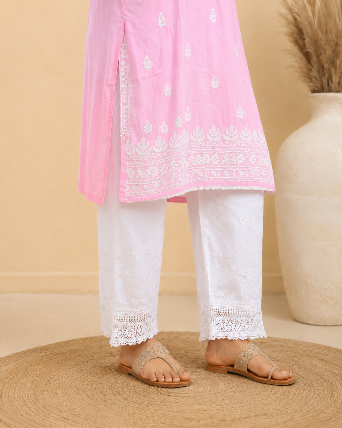 Baby Pink Rayon Lucknowi Chikankari Kurti for Women – Handmade White Embroidery