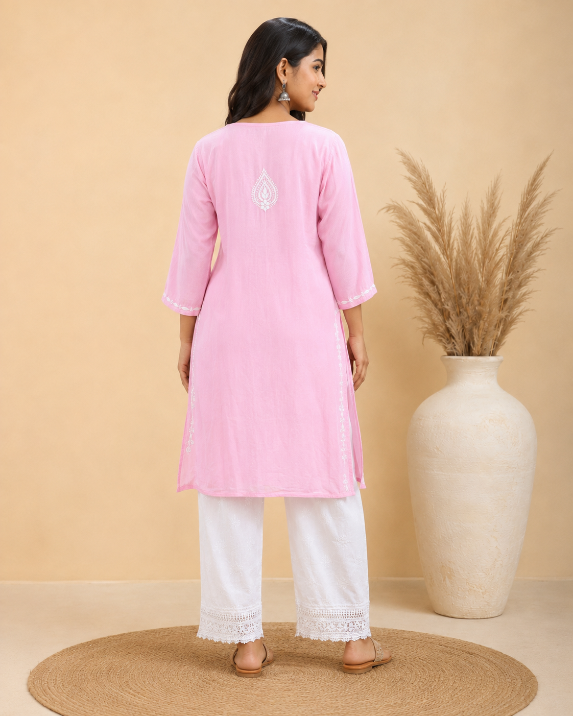 Baby Pink Rayon Lucknowi Chikankari Kurti for Women – Handmade White Embroidery