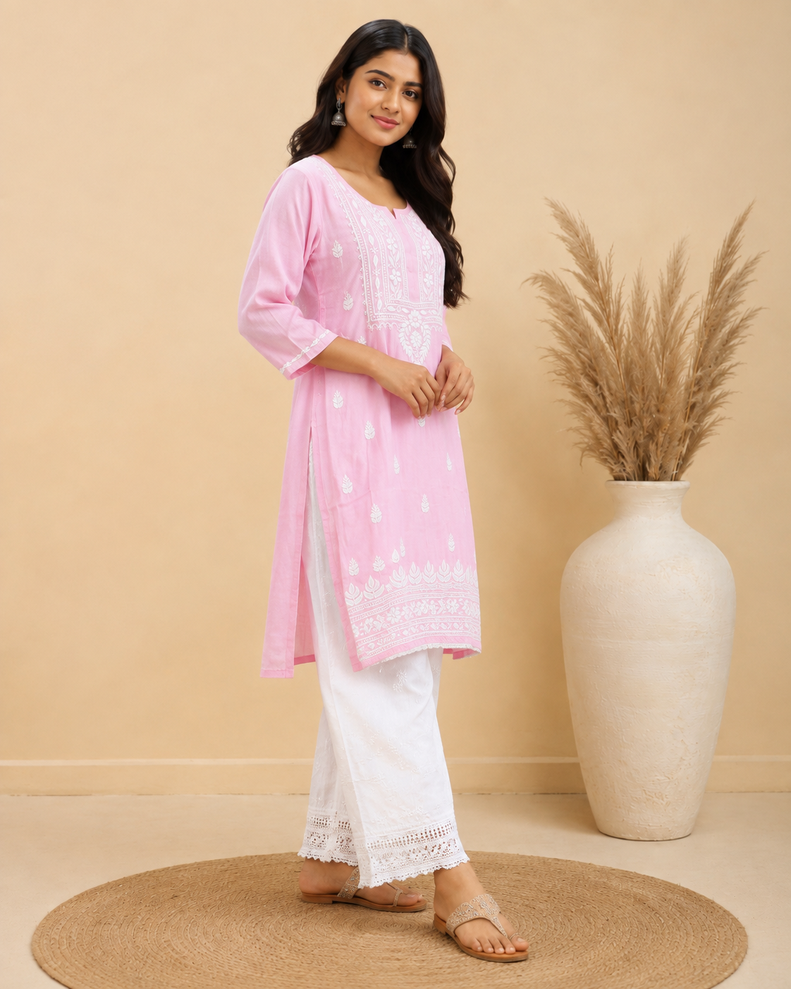 Baby Pink Rayon Lucknowi Chikankari Kurti for Women – Handmade White Embroidery