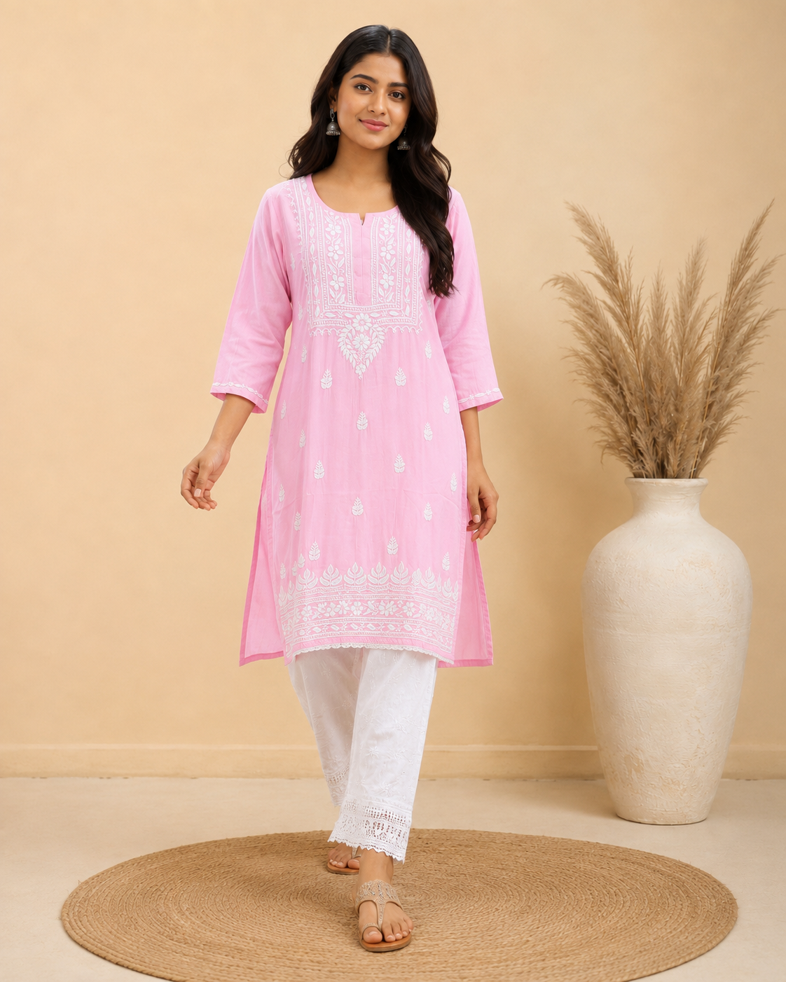Baby Pink Rayon Lucknowi Chikankari Kurti for Women – Handmade White Embroidery