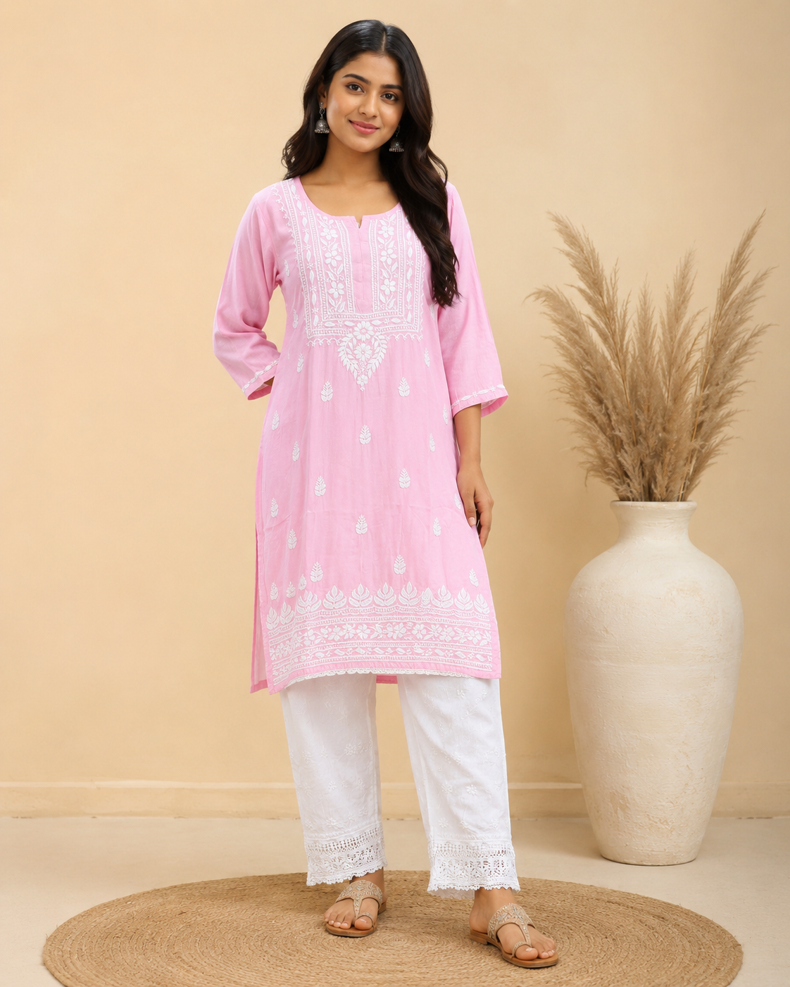 Baby Pink Rayon Lucknowi Chikankari Kurti for Women – Handmade White Embroidery