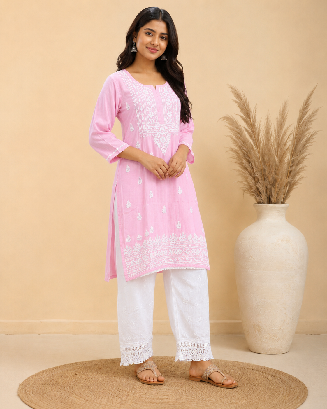 Baby Pink Rayon Lucknowi Chikankari Kurti for Women – Handmade White Embroidery