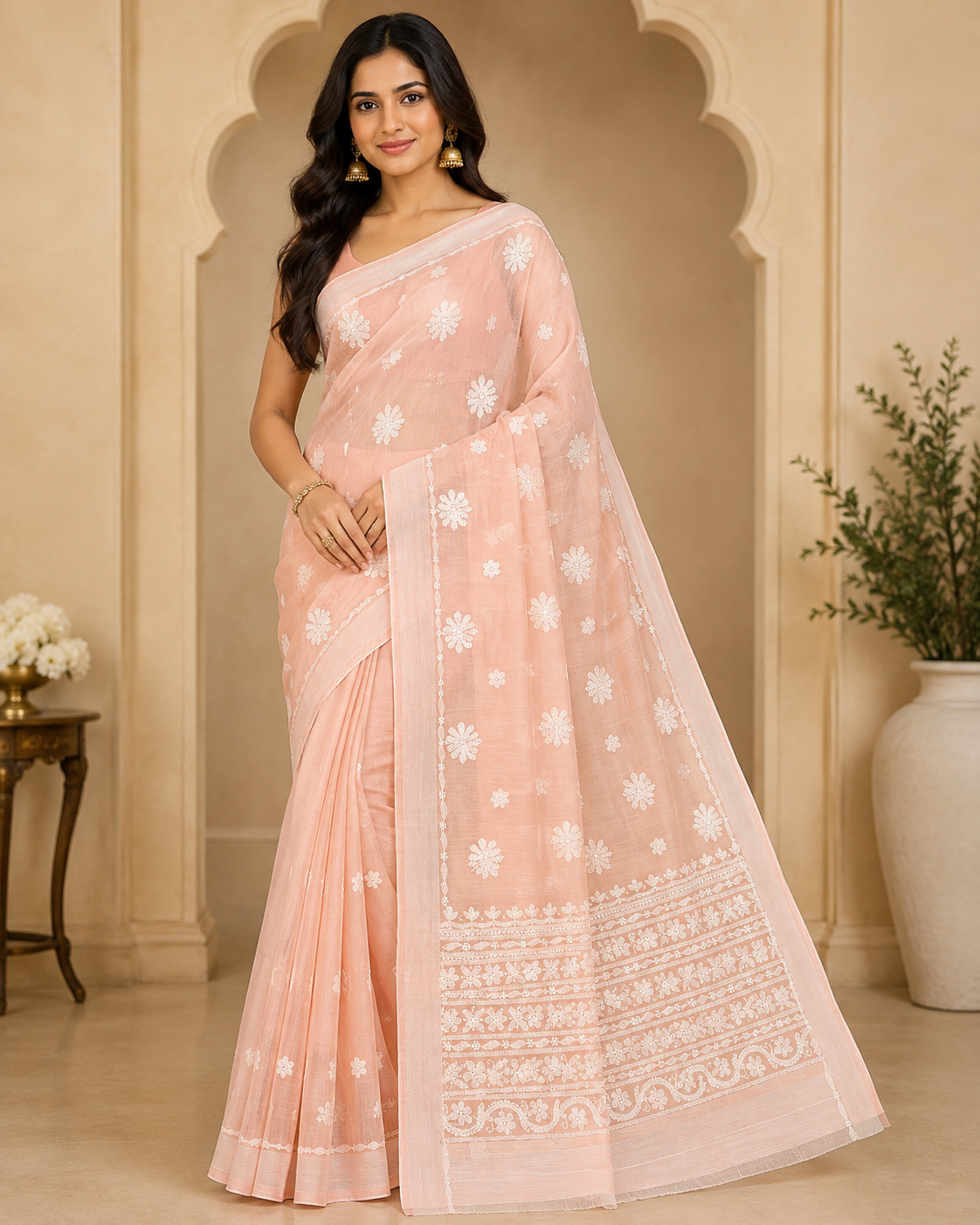 Peach Pink Chanderi Chikankari Saree – Hand Embroidered