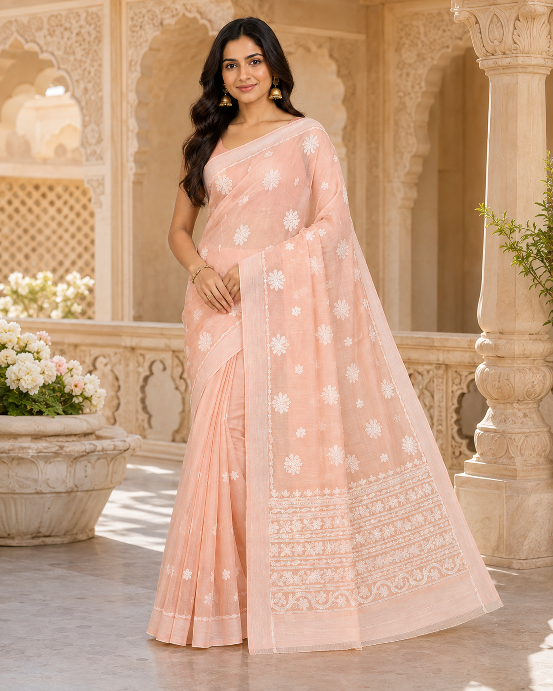 Peach Pink Chanderi Chikankari Saree – Hand Embroidered