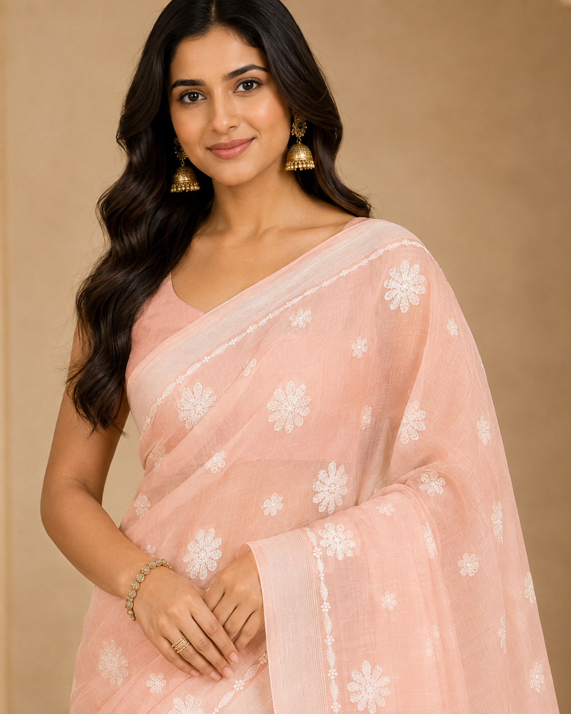 Peach Pink Chanderi Chikankari Saree – Hand Embroidered