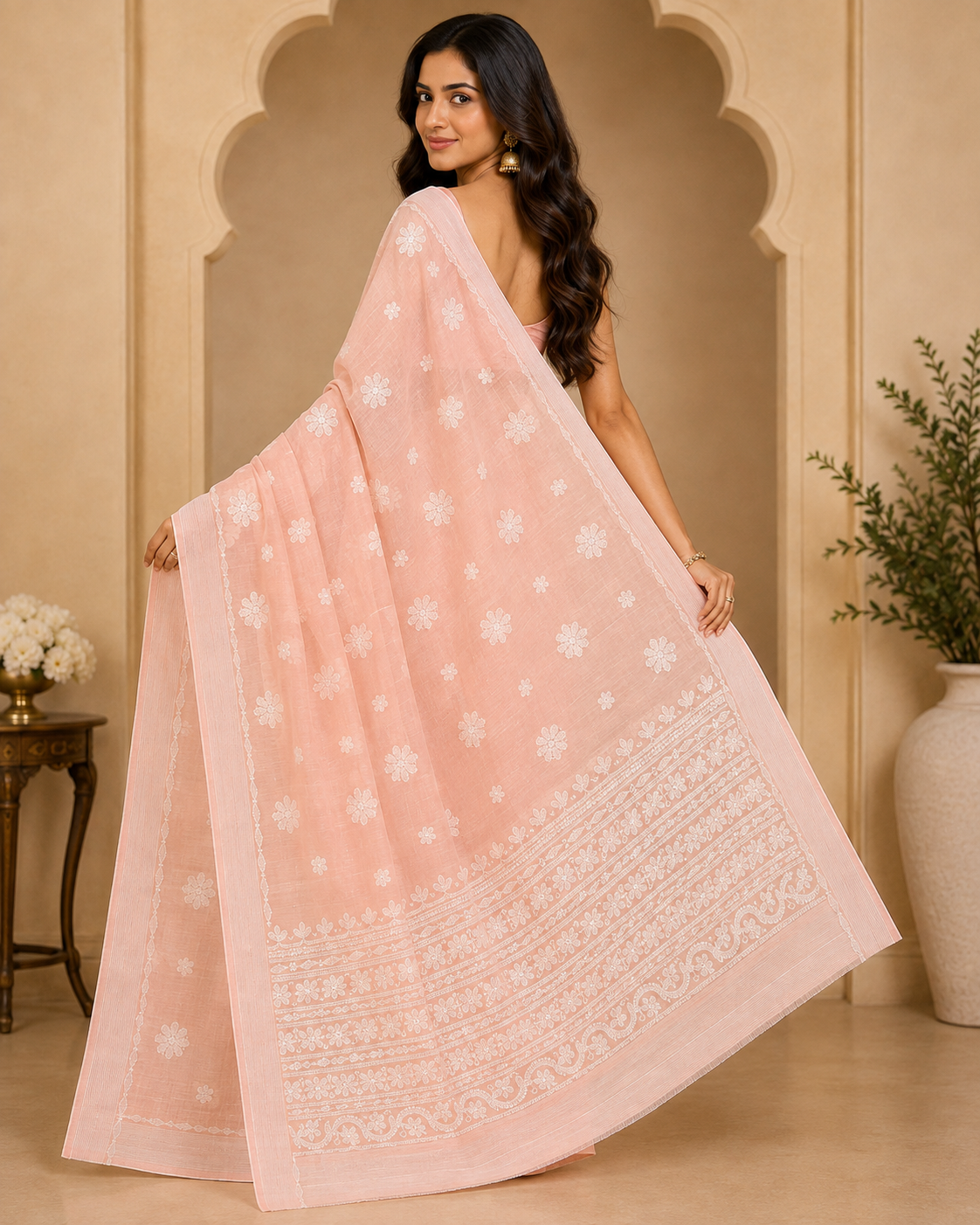 Peach Pink Chanderi Chikankari Saree – Hand Embroidered