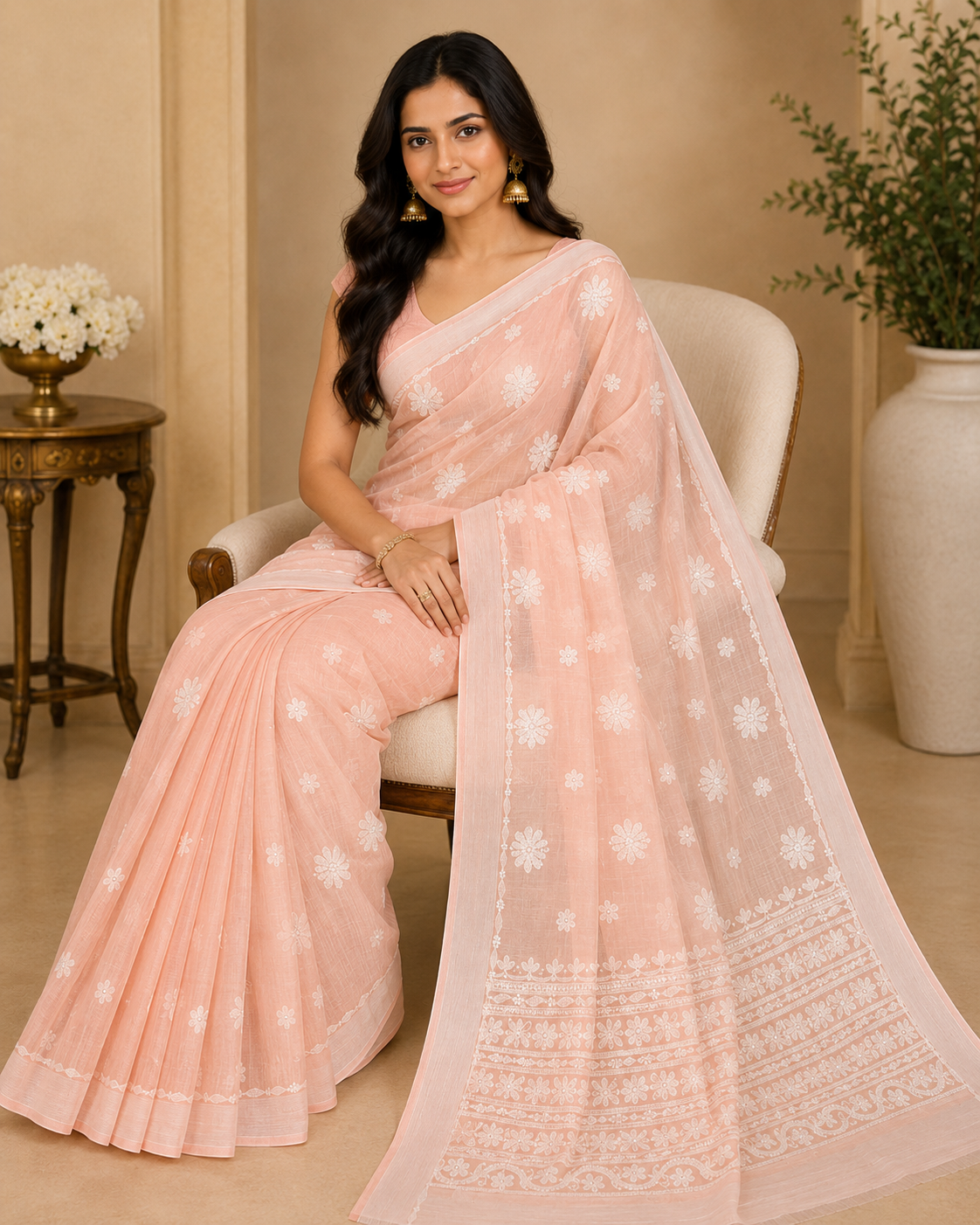 Peach Pink Chanderi Chikankari Saree – Hand Embroidered