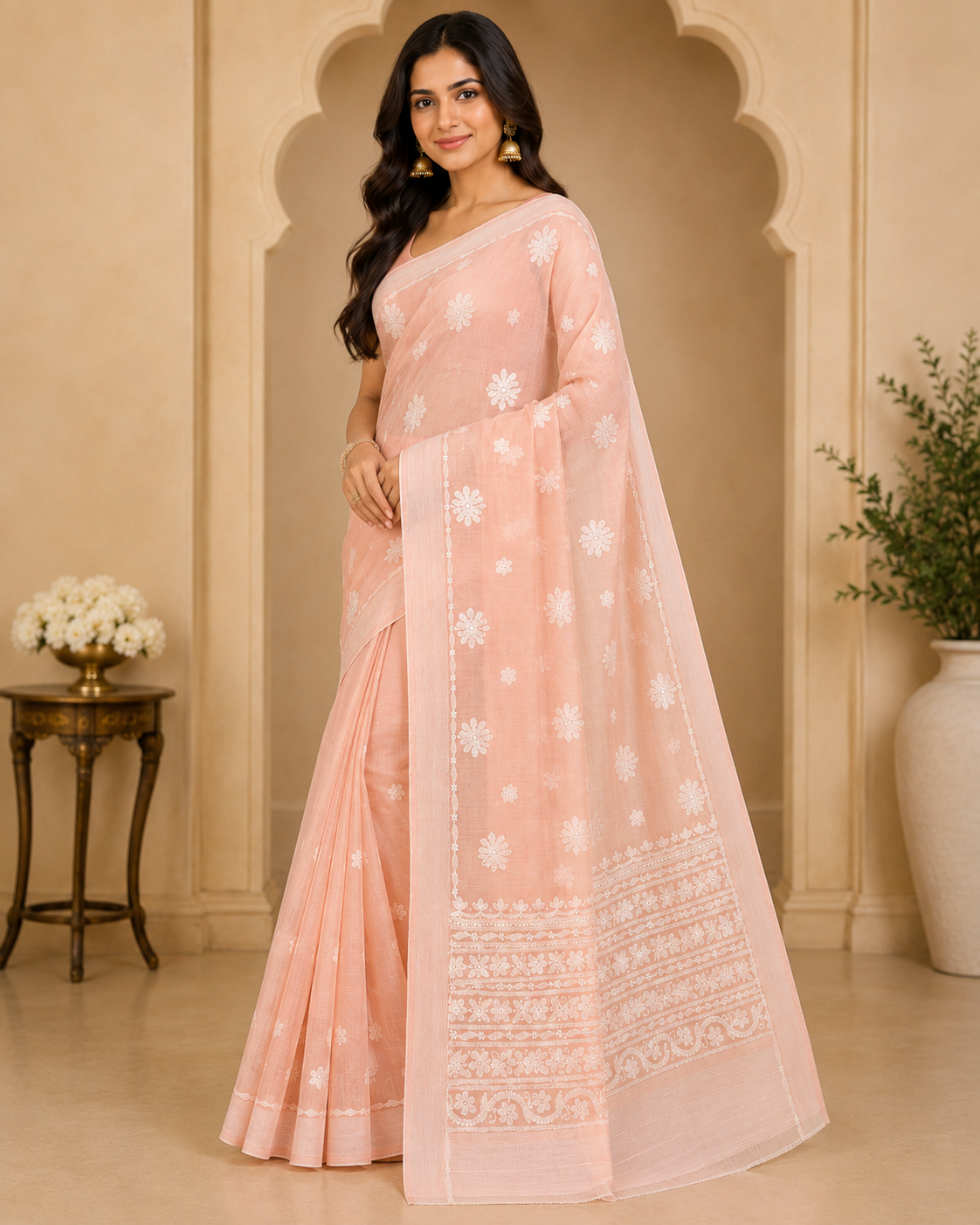 Peach Pink Chanderi Chikankari Saree – Hand Embroidered