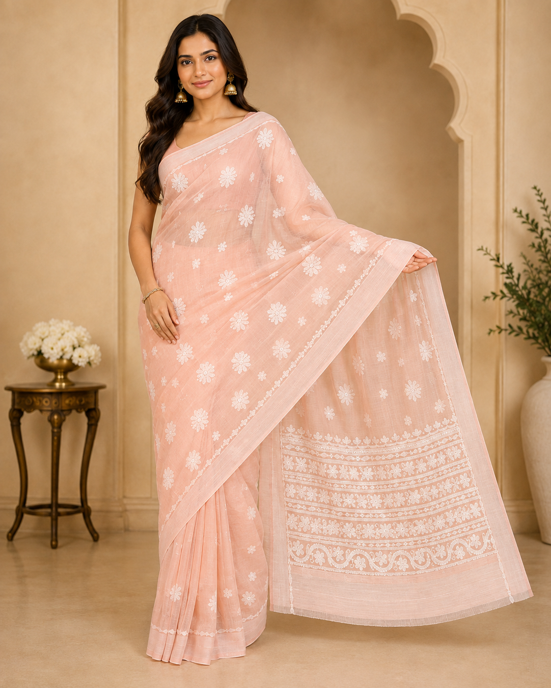 Peach Pink Chanderi Chikankari Saree – Hand Embroidered