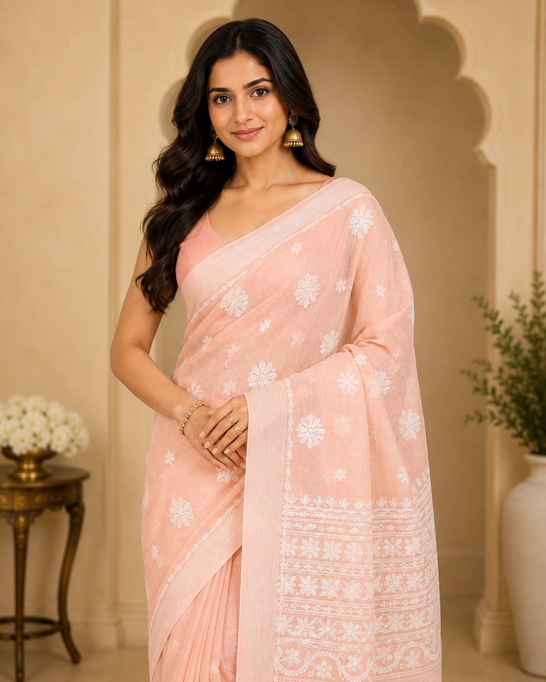 Peach Pink Chanderi Chikankari Saree – Hand Embroidered