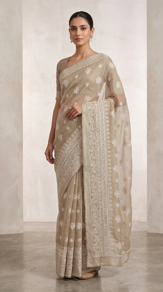 Ivory Beige Chanderi Chikankari Saree – Hand Embroidered