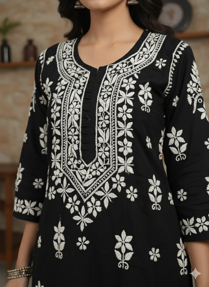 "Black Silk Cotton Chikankari Kurti with White Hand Embroidery | Premium Lucknowi Ethnic Wear for Women"