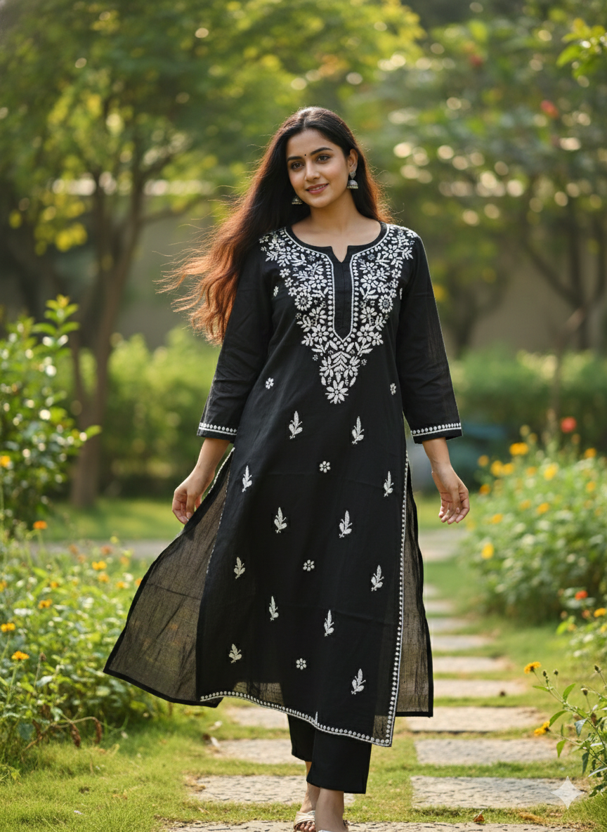 Lucknow Best Chikankari Black Rayon Kurti | Handcrafted Authentic Lucknowi Kurta