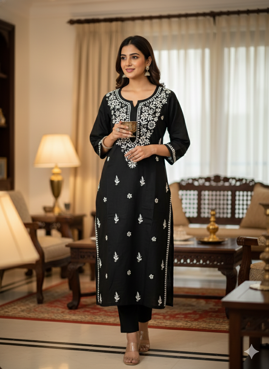 Lucknow Best Chikankari Black Rayon Kurti | Handcrafted Authentic Lucknowi Kurta