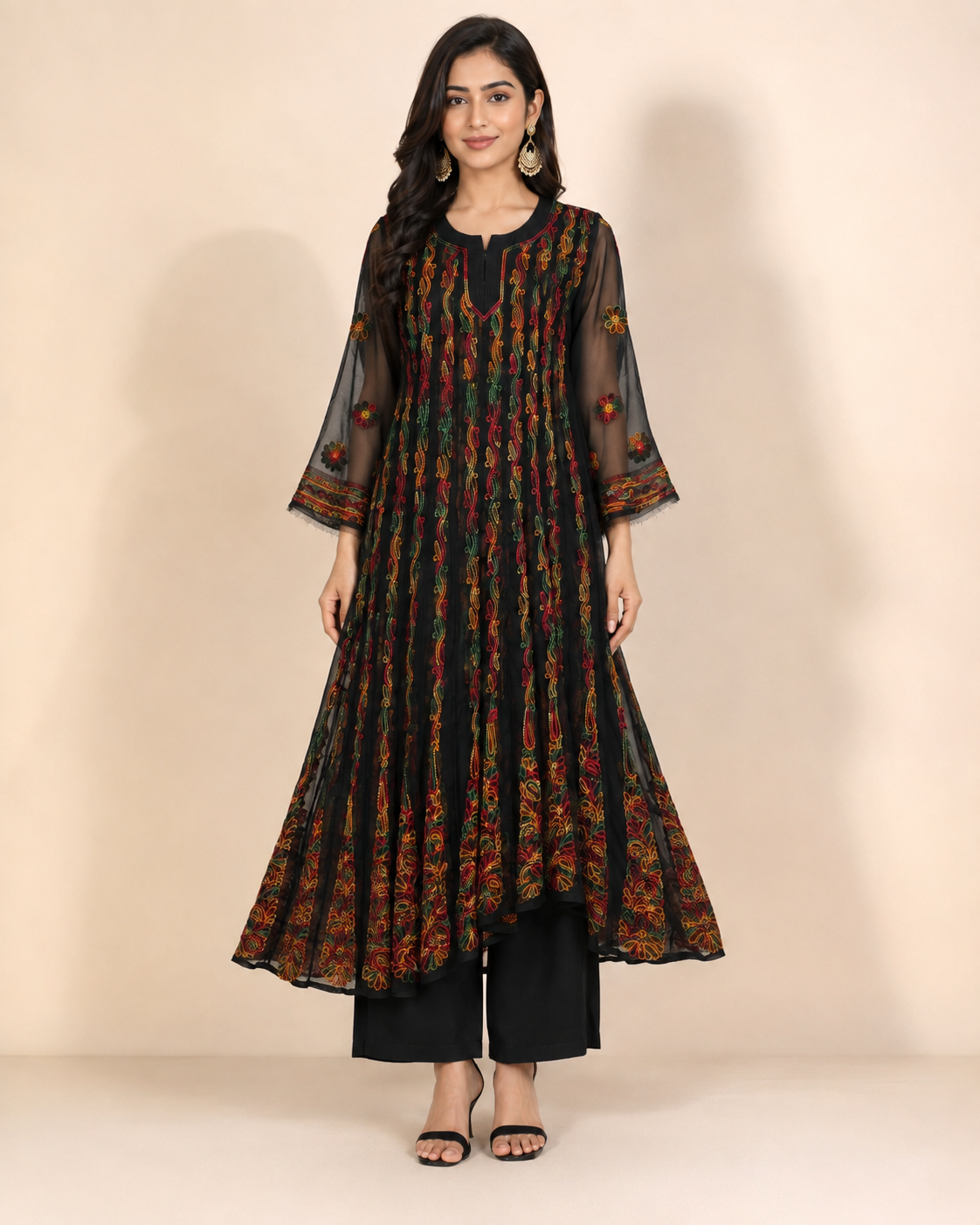 Black Georgette Chikankari Kurti - Multi-Color Thread Work