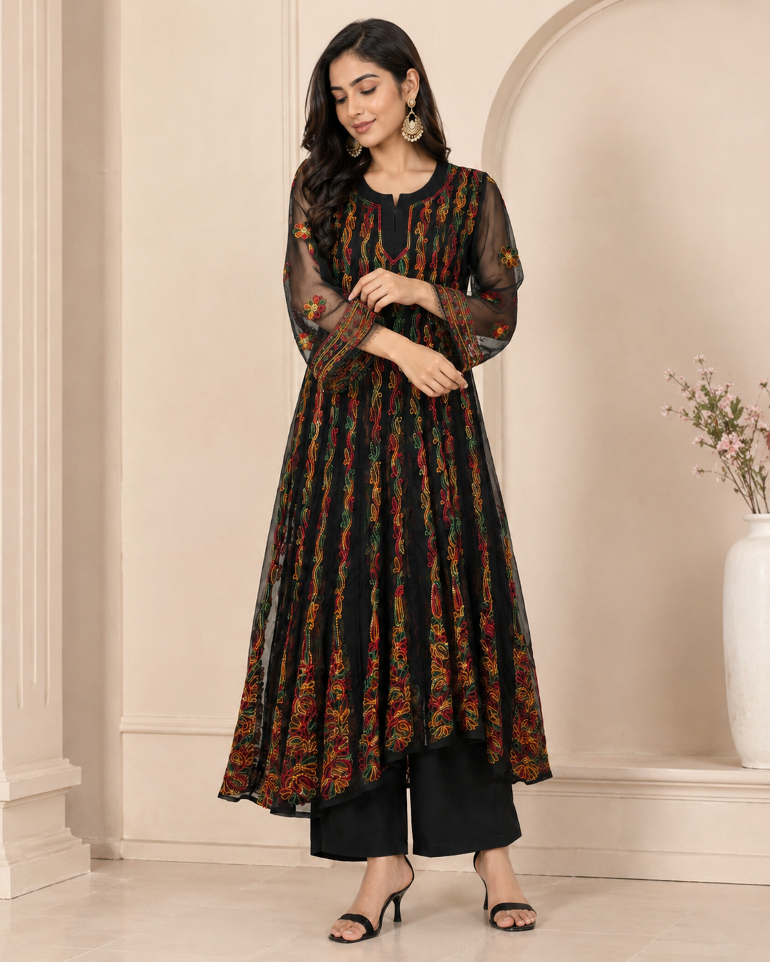 Black Georgette Chikankari Kurti - Multi-Color Thread Work
