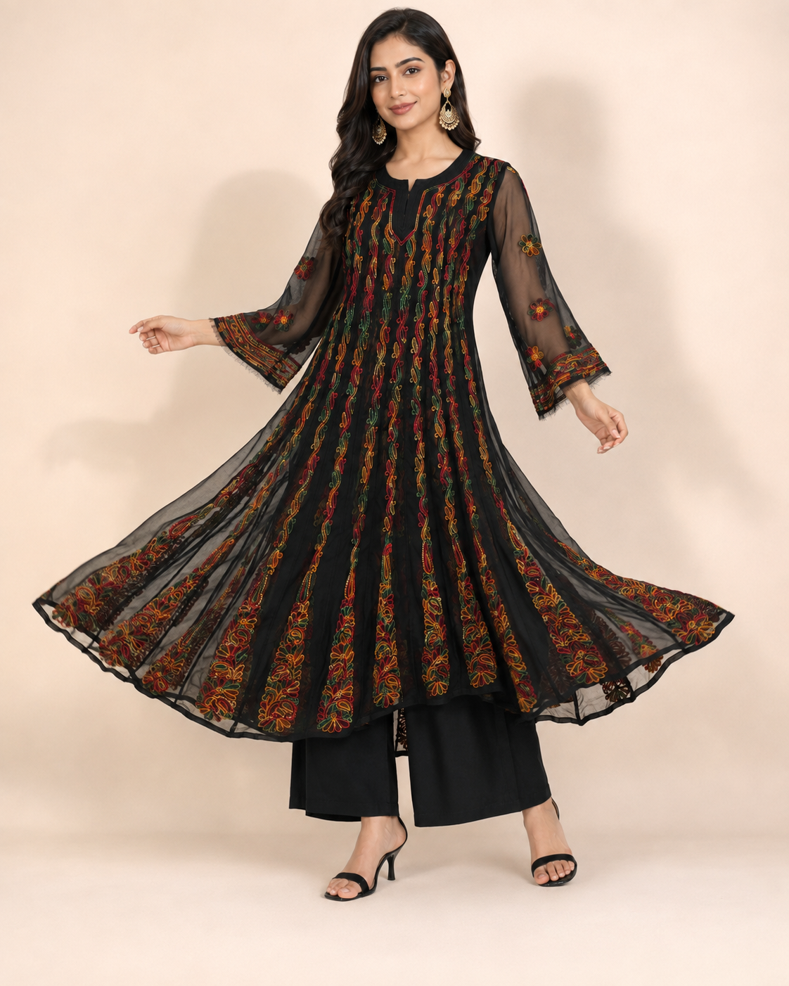 Black Georgette Chikankari Kurti - Multi-Color Thread Work