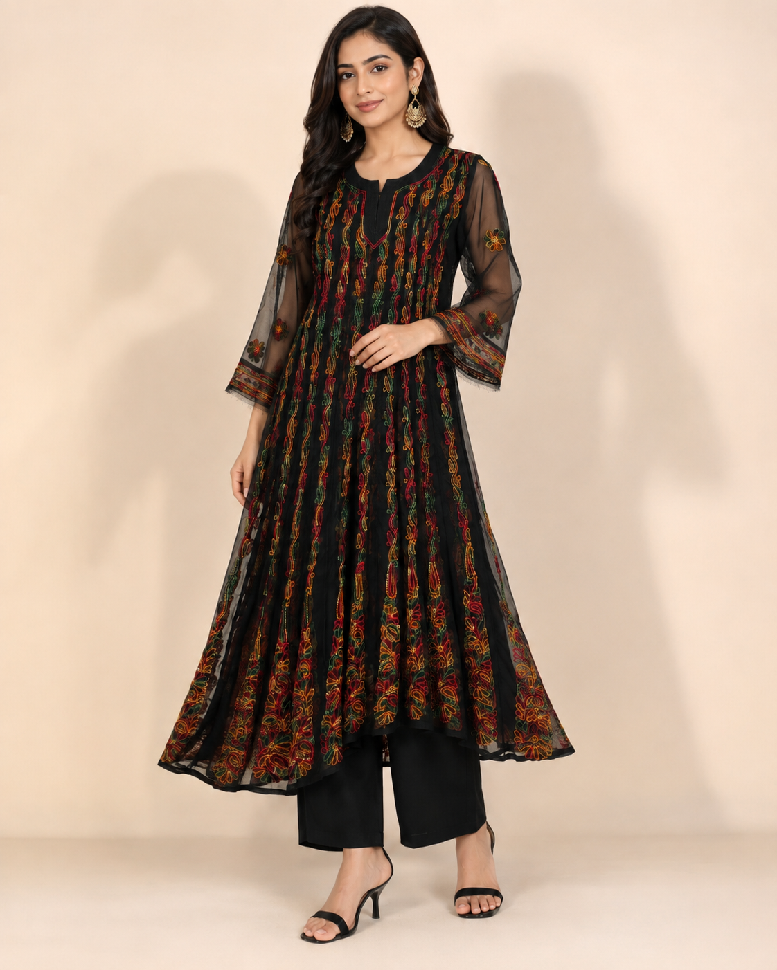 Black Georgette Chikankari Kurti - Multi-Color Thread Work