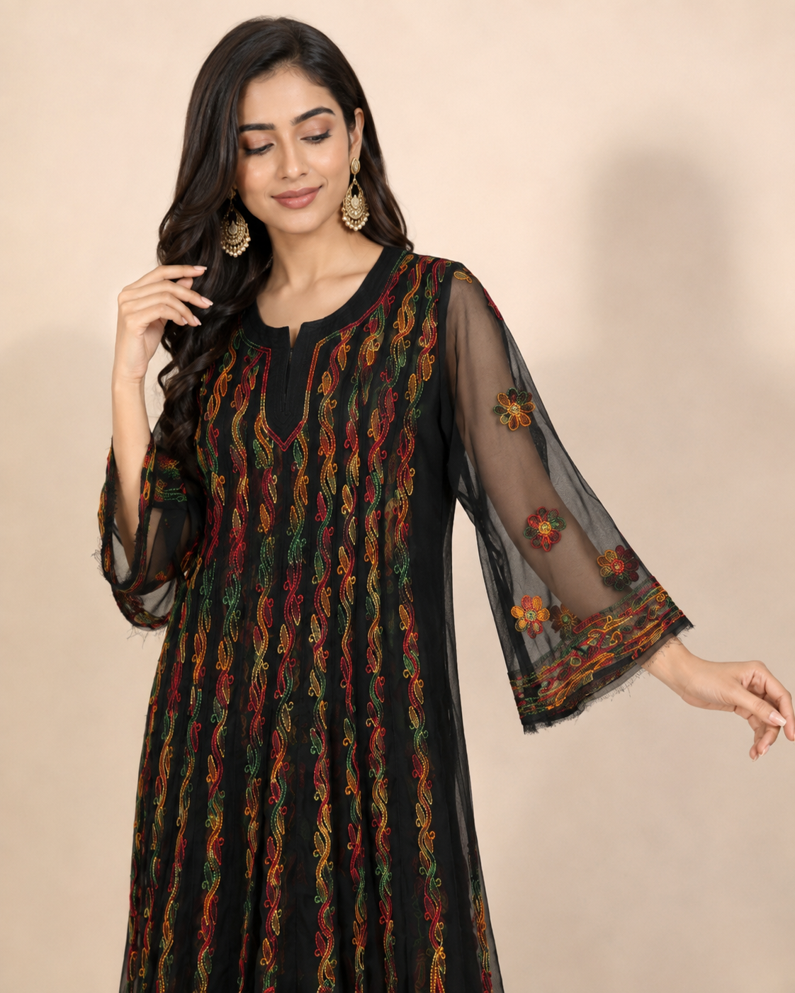 Black Georgette Chikankari Kurti - Multi-Color Thread Work