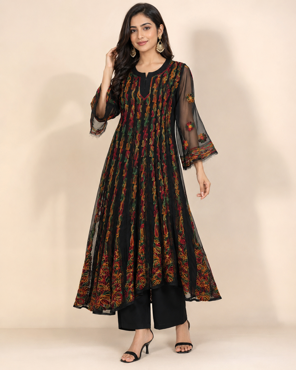 Black Georgette Chikankari Kurti - Multi-Color Thread Work