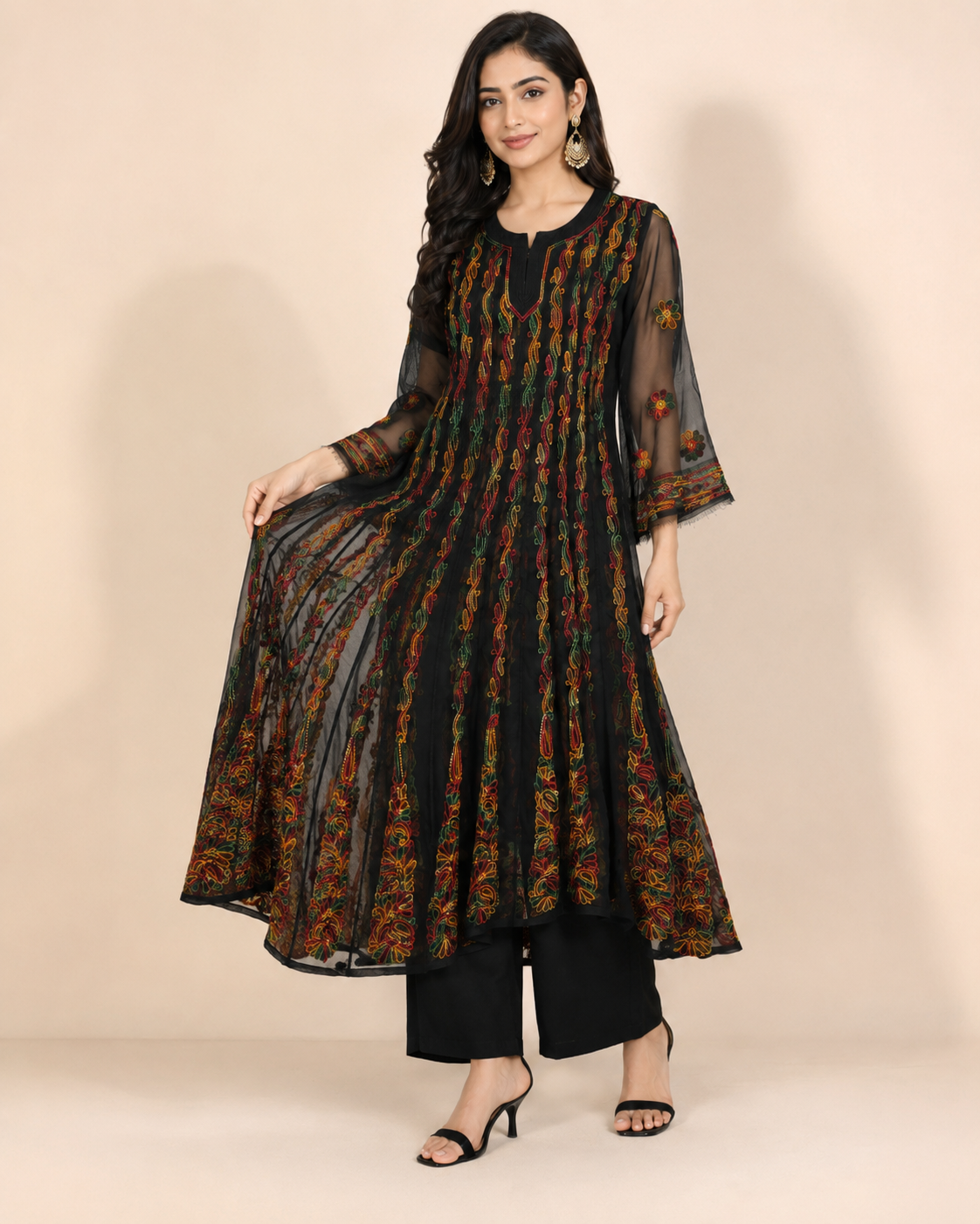 Black Georgette Chikankari Kurti - Multi-Color Thread Work