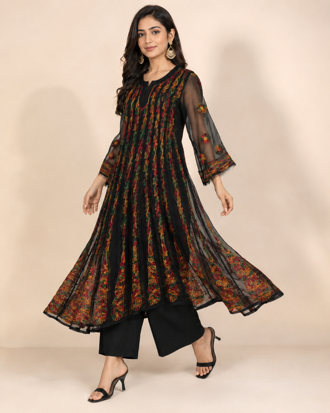 Black Georgette Chikankari Kurti - Multi-Color Thread Work