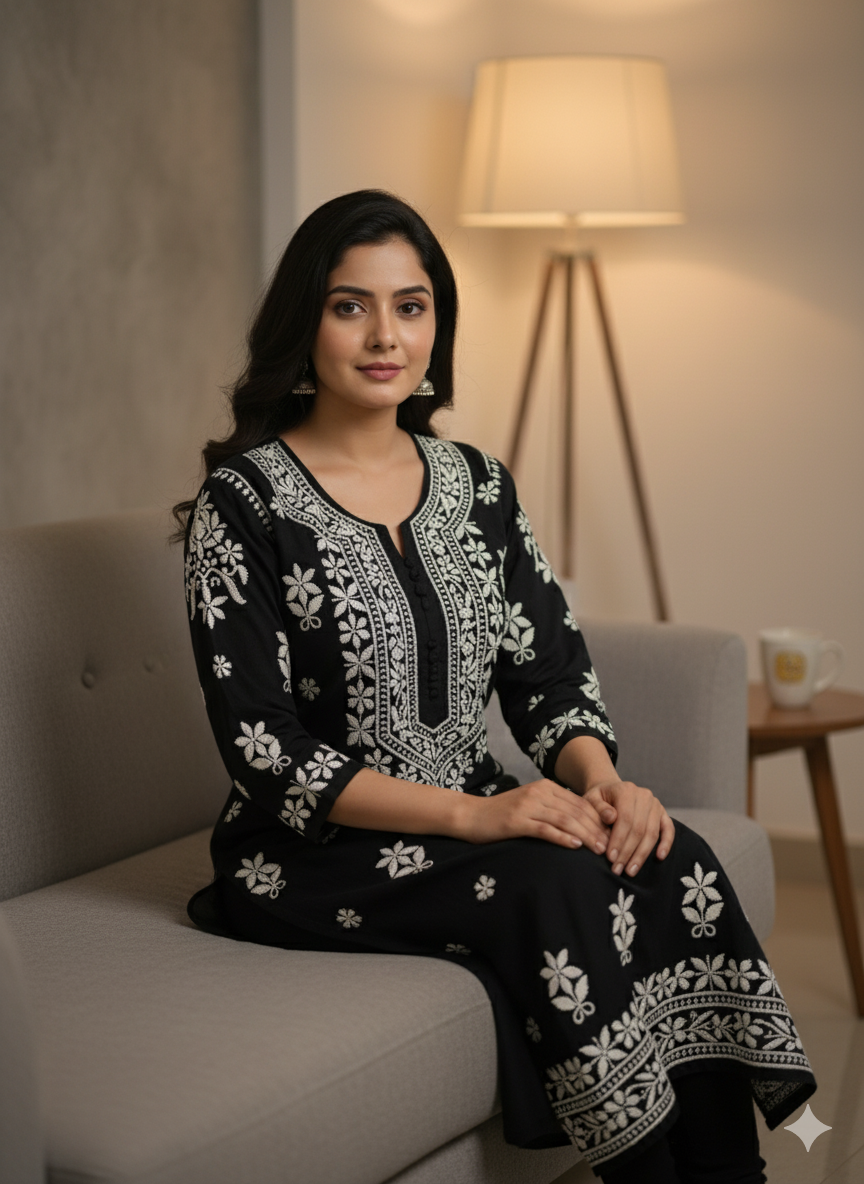 "Black Silk Cotton Chikankari Kurti with White Hand Embroidery | Premium Lucknowi Ethnic Wear for Women"