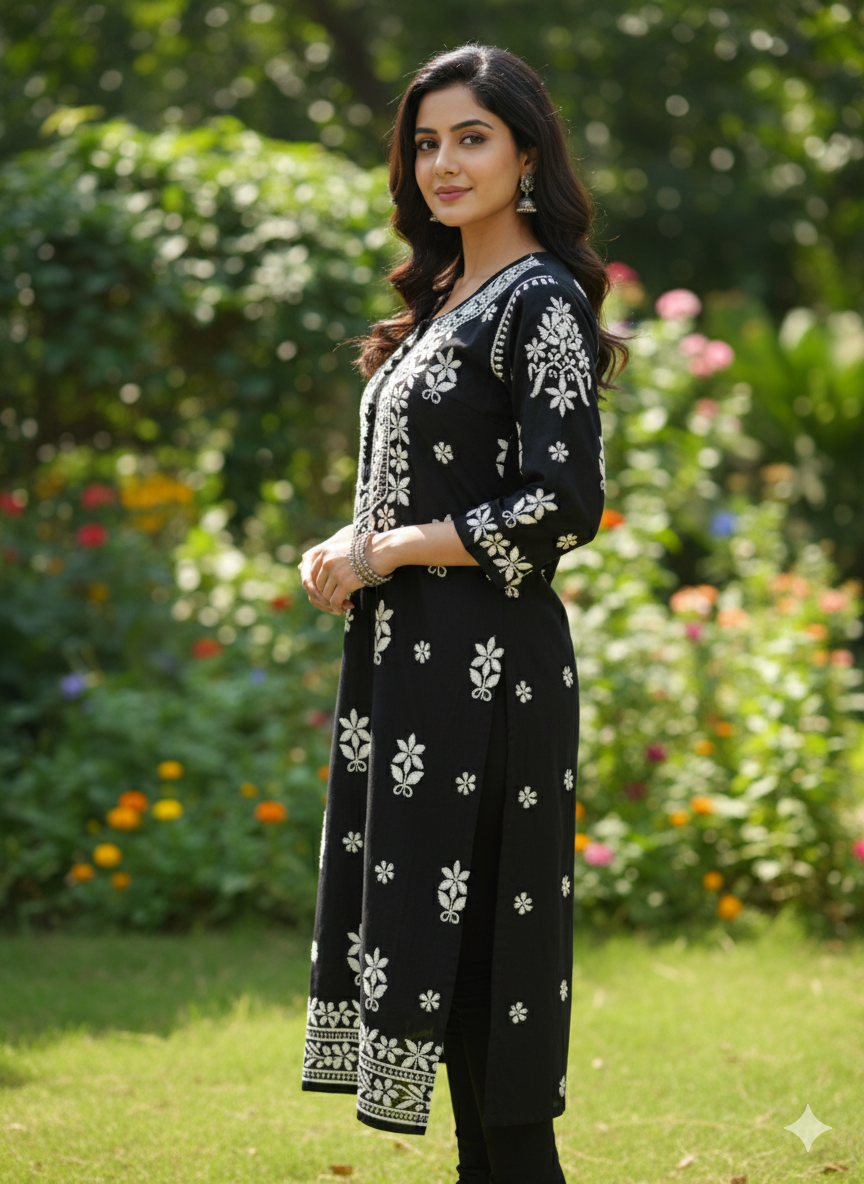 "Black Silk Cotton Chikankari Kurti with White Hand Embroidery | Premium Lucknowi Ethnic Wear for Women"