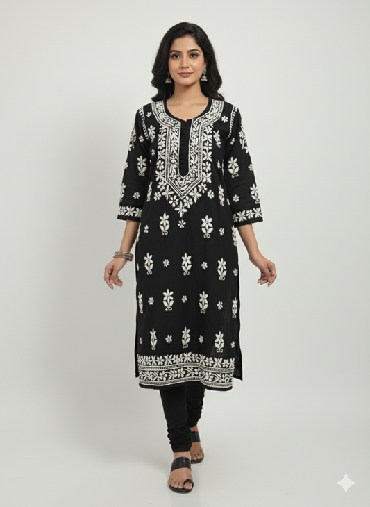 "Black Silk Cotton Chikankari Kurti with White Hand Embroidery | Premium Lucknowi Ethnic Wear for Women"