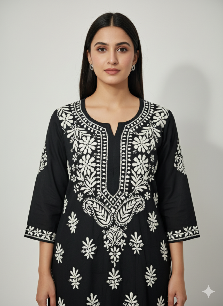 Black Pure Modal Chikankari Kurti for Women | Handcrafted White Thread Work | Lucknow Best Chikankari Kurta