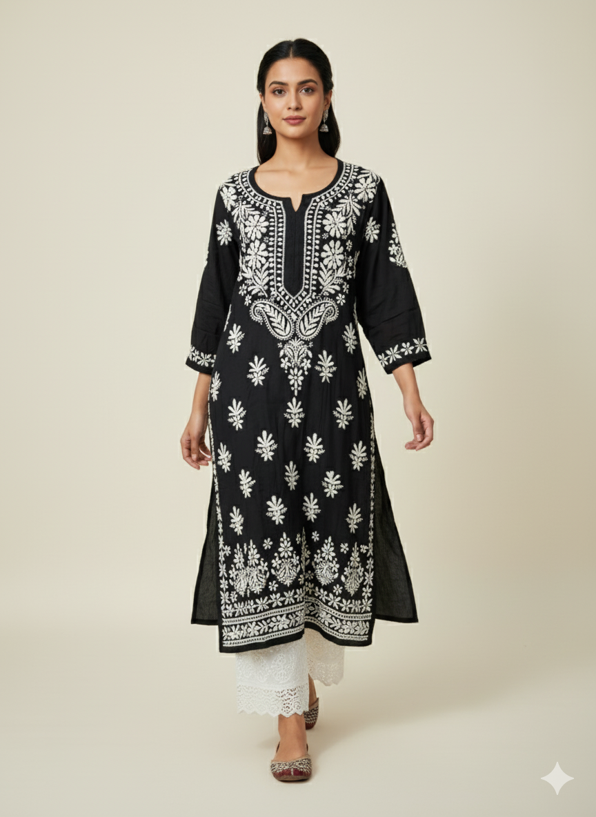 Black Pure Modal Chikankari Kurti for Women | Handcrafted White Thread Work | Lucknow Best Chikankari Kurta