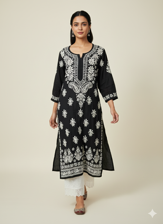 Black Pure Modal Chikankari Kurti for Women | Handcrafted White Thread Work | Lucknow Best Chikankari Kurta