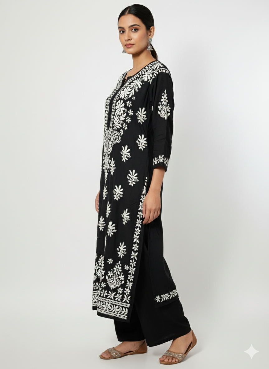 Black Pure Modal Chikankari Kurti for Women | Handcrafted White Thread Work | Lucknow Best Chikankari Kurta