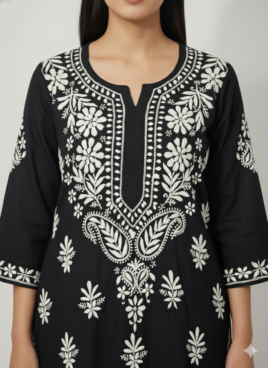 Black Pure Modal Chikankari Kurti for Women | Handcrafted White Thread Work | Lucknow Best Chikankari Kurta